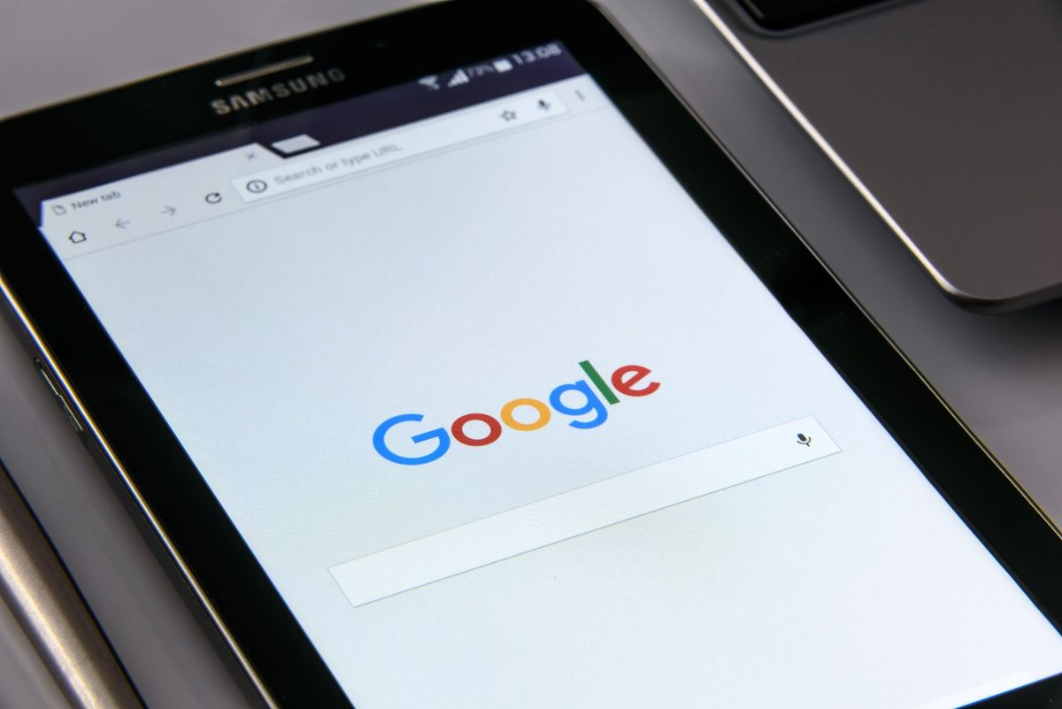 A web browser open on a tablet at a search page