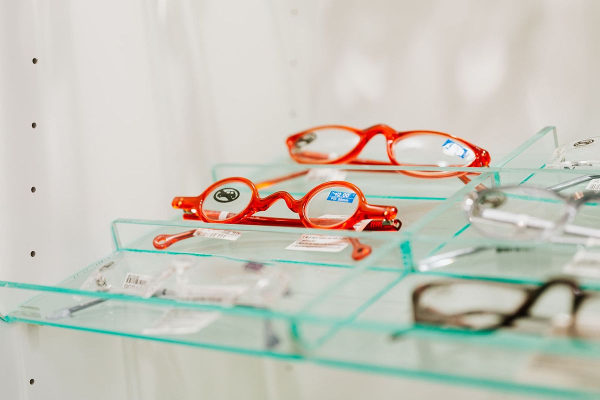 A display of eyeglasses frames in an optician's shop
