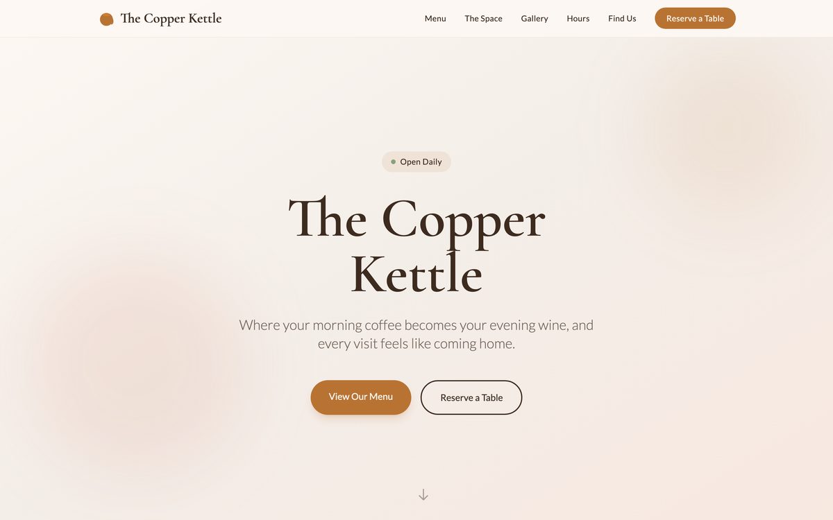 The Copper Kettle website - Cafés y bares example built with AMP AI