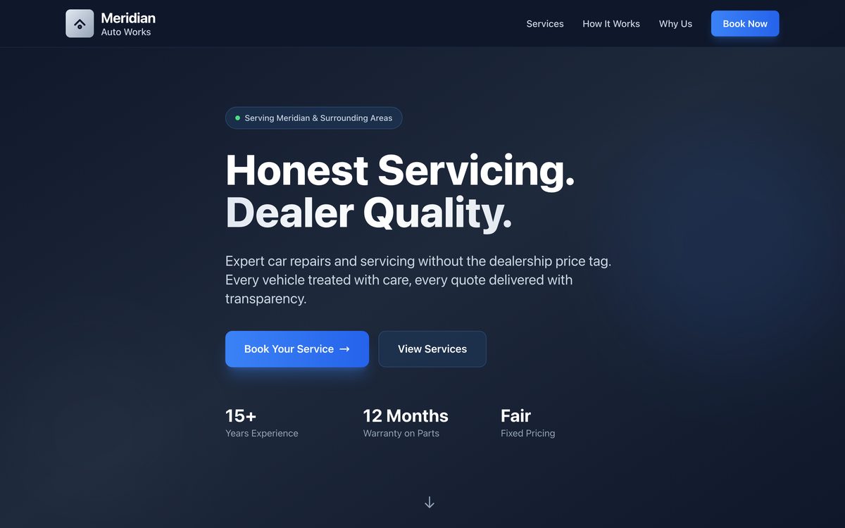Meridian Auto Works website - Taller mecánico example built with AMP AI