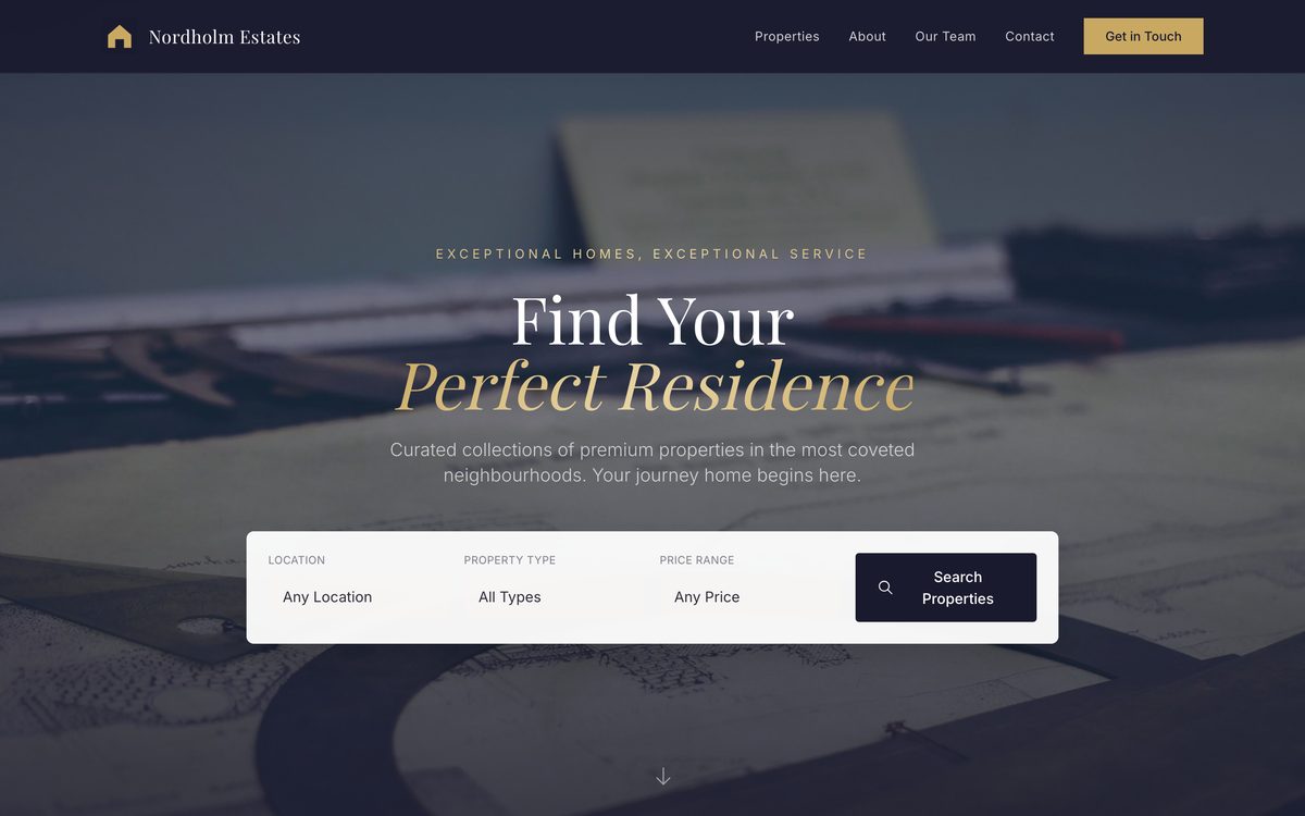 Nordholm Estates website - Inmobiliaria example built with AMP AI