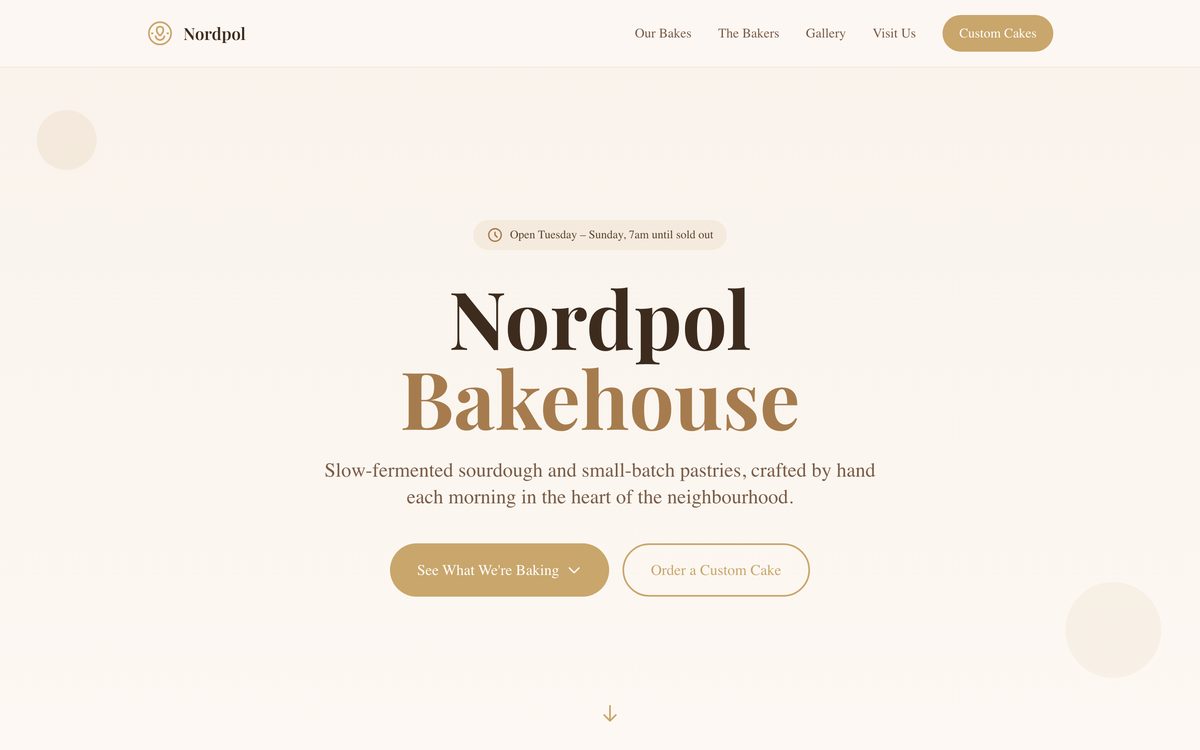 Nordpol Bakehouse website - Comida y bebida example built with AMP AI